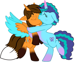 Size: 7837x6461 | Tagged: safe, artist:ejlightning007arts, misty brightdawn, oc, oc:ej, alicorn, fox, fox pony, hybrid, pony, unicorn, g4, g5, bipedal, canon x oc, cheek kiss, coat markings, colored horn, colored wings, cute, duo, ejmisty, eyes closed, fake cutie mark, female, freckles, g5 to g4, generation leap, horn, hug, kissing, male, mare, raised leg, shipping, simple background, socks (coat markings), spread wings, stallion, straight, transparent background, wings