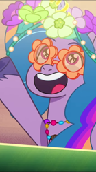 Size: 606x1080 | Tagged: safe, screencap, izzy moonbow, pony, unicorn, diva and conquer, g5, my little pony: tell your tale, spoiler:g5, spoiler:my little pony: tell your tale, spoiler:tyts01e56, female, flower, flower glasses, flower in hair, hoof heart, jewelry, mare, necklace, novelty glasses, open mouth, open smile, smiling, solo, sparkly eyes, sunglasses, underhoof, unshorn fetlocks, upside-down hoof heart, wingding eyes, youtube shorts