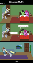 Size: 1920x3692 | Tagged: safe, artist:platinumdrop, berry punch, berryshine, derpy hooves, oc, oc:anon, oc:anon stallion, earth pony, pegasus, pony, comic:dishonest muffin, g4, 3 panel comic, alcohol, bed, bedroom, blanket, blushing, bottle, building, comic, commission, couch, crying, dialogue, door, ears back, female, floppy ears, folded wings, frown, hat, heartbreak, house, indoors, infidelity, kissing, living room, mailmare, mailmare hat, mailmare uniform, male, mare, nightstand, open door, open mouth, painting, picture frame, plant, rug, running, running away, shocked, shocked expression, speech bubble, stallion, surprised, tears of sadness, under blanket, wings, wings down