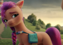 Size: 933x669 | Tagged: safe, screencap, sunny starscout, earth pony, pony, g5, my little pony: a new generation, spoiler:my little pony: a new generation, braid, braided ponytail, concave belly, cropped, depth of field, female, floppy ears, fluttershy's cutie mark, grass, lidded eyes, lighthouse, mare, maretime bay, outdoors, ponytail, rainbow dash's cutie mark, sad, scrunchie, slender, solo, standing, sunny sadscout, sunny's bag, thin, twilight sparkle's cutie mark