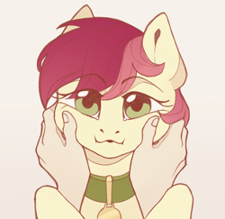 Size: 1582x1538 | Tagged: safe, artist:miss_glowwormis, roseluck, human, pony, g4, behaving like a cat, cheek squish, collar, commission, commissioner:doom9454, cute, hand, human on pony petting, pet tag, petting, pony pet, rosepet, squishy cheeks