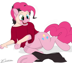 Size: 3000x2600 | Tagged: safe, artist:furnaise, pinkie pie, earth pony, human, pony, g4, blushing, clothes, cutie mark, eye color change, high res, human to pony, male to female, mid-transformation, open mouth, open smile, smiling, transformation, transgender transformation