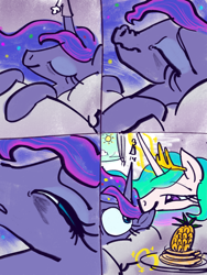 Size: 3000x4000 | Tagged: safe, artist:ja0822ck, princess celestia, princess luna, alicorn, pony, g4, 14, cute, female, food, herbivore, horn, horn sock, mare, nom, pineapple, sleeping