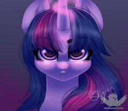 Size: 2048x1781 | Tagged: safe, artist:skyboundsiren, pony, bust, eye clipping through hair, eyebrows, eyebrows visible through hair, glowing, glowing horn, gradient background, horn, solo