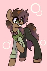 Size: 1200x1800 | Tagged: safe, artist:chunchalunch, oc, oc only, earth pony, pony, bowtie, clothes, glasses, grin, pants, pink background, shirt, simple background, smiling, solo, vest