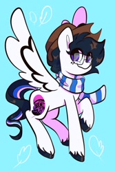 Size: 1200x1800 | Tagged: safe, artist:chunchalunch, oc, oc only, pegasus, pony, blue background, clothes, cyan background, eye clipping through hair, freckles, glasses, looking at you, scarf, simple background, smiling, solo, spread wings, striped scarf, unshorn fetlocks, wings