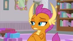 Size: 1920x1080 | Tagged: safe, screencap, smolder, dragon, g4, season 8, the hearth's warming club, 1080p, crossed arms, dragoness, female, festive, friendship student, frown, smolder is not amused, solo, teenaged dragon, unamused