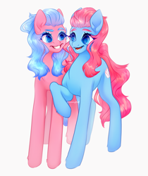 Size: 3120x3720 | Tagged: safe, artist:dreamyrat, aloe, lotus blossom, earth pony, pony, g4, duo, duo female, female, high res, looking at each other, looking at someone, mare, open mouth, open smile, raised hoof, siblings, simple background, sisters, smiling, smiling at each other, spa pony, spa twins, twins