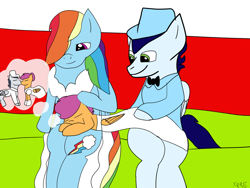 Size: 1024x768 | Tagged: safe, artist:fireboltpug, rainbow dash, rumble, scootaloo, soarin', pegasus, pony, g4, bride, clothes, colt, female, filly, foal, groom, husband and wife, just married, male, mare, marriage, married couple, ship:rumbloo, ship:soarindash, shipping, siblings, sisters, sleeping, stallion, straight