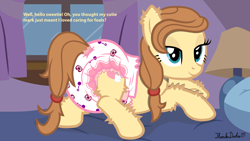 Size: 1920x1080 | Tagged: safe, artist:thunderdasher07, oc, oc only, oc:cream heart, earth pony, pony, g4, abdl, adult foal, bed, bedroom, bedroom eyes, butt, curtains, dialogue, diaper, diaper butt, diaper fetish, diapered, ear fluff, earth pony oc, female, fetish, fluffy, hoof fluff, lamp, leg fluff, looking at you, mare, mother's day, non-baby in diaper, pacifier, pillow, plot, ponytail, poofy diaper, rattle, scrunchie, smiling, smiling at you, solo, sultry pose, tail, tail hole, talking to viewer, window