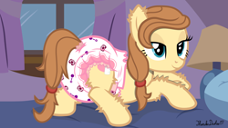 Size: 1920x1080 | Tagged: safe, alternate version, artist:thunderdasher07, derpibooru exclusive, oc, oc only, oc:cream heart, earth pony, pony, g4, abdl, adult foal, bed, bedroom, bedroom eyes, butt, curtains, diaper, diaper butt, diaper fetish, diapered, ear fluff, earth pony oc, female, fetish, fluffy, hoof fluff, lamp, leg fluff, looking at you, mare, mother's day, non-baby in diaper, pacifier, pillow, plot, ponytail, poofy diaper, rattle, scrunchie, smiling, smiling at you, solo, tail, tail hole, window