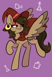 Size: 1200x1800 | Tagged: safe, artist:chunchalunch, oc, oc only, oc:hazelnut brew, pegasus, pony, cape, clothes, ear piercing, earring, hat, jewelry, lidded eyes, piercing, purple background, simple background, solo, spread wings, wings, witch hat