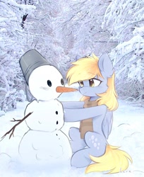Size: 1270x1556 | Tagged: safe, artist:lerkfruitbat, derpy hooves, pegasus, pony, g4, bucket, clothes, cute, derpabetes, female, folded wings, forest, mare, scarf, signature, sitting, smiling, snow, snowman, solo, striped scarf, tree, wings, winter