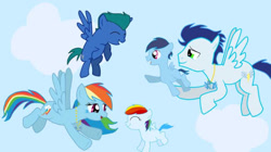 Size: 739x415 | Tagged: artist needed, safe, rainbow dash, soarin', oc, pegasus, pony, g4, colt, daddy soarin', female, filly, flying, foal, husband and wife, male, mare, momma dash, offspring, parent:rainbow dash, parent:soarin', parents:soarindash, ship:soarindash, shipping, sky, stallion, straight, teenager