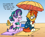 Size: 2295x1916 | Tagged: safe, artist:bobthedalek, starlight glimmer, sunburst, pony, unicorn, beach, beach towel, beach umbrella, bikini, clothes, cooler, facial hair, female, glasses, glowing, glowing horn, goatee, hat, horn, kite, male, mare, outdoors, ponytail, shipping, stallion, starburst, starlight glimmer is not amused, straight, sun hat, sweat, sweatdrop, swimsuit, that pony sure does love kites, unamused