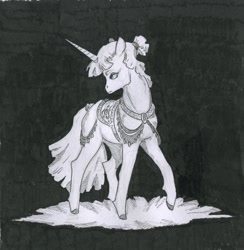 Size: 796x816 | Tagged: safe, artist:adeptus-monitus, oc, oc only, pony, unicorn, horn, monochrome, saddle, solo, tack, traditional art, unicorn oc