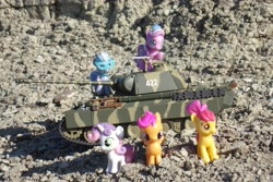 Size: 4608x3072 | Tagged: safe, artist:dingopatagonico, apple bloom, diamond tiara, scootaloo, silver spoon, sweetie belle, earth pony, pegasus, pony, unicorn, g4, irl, panther tank, panzer, photo, toy