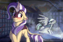 Size: 3300x2250 | Tagged: safe, artist:rutkotka, oc, oc only, oc:iron feather, oc:lotus cinder, kirin, pegasus, pony, fanfic:words of power, asylum, blushing, commission, cute, duo, eyes closed, fanfic art, female, funny, high res, implied shipping, kirin oc, looking back, male, mare, pegasus oc, scrunchy face, shower, spread wings, stallion, steam, water, wings