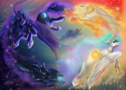 Size: 4616x3291 | Tagged: safe, artist:polnocnykot, princess celestia, princess luna, alicorn, pony, wolf, g4, chains, cloud, commission, commissioner:shaddar, constellation, female, fire, hati, looking back, mare, norse mythology, running, skoll, sparkles, stars