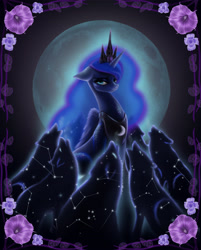 Size: 2657x3312 | Tagged: safe, artist:polnocnykot, princess luna, alicorn, pony, wolf, g4, commission, commissioner:shaddar, constellation, crown, cute, female, flower, high res, howling, jewelry, looking at you, luna is not amused, lunabetes, mare, regalia, solo, unamused