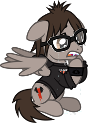 Size: 847x1176 | Tagged: safe, artist:lightningbolt, derpibooru exclusive, pegasus, pony, g4, .svg available, clandestine industries, clothes, crying, fangs, floppy ears, glasses, hoodie, jewelry, long sleeves, male, mikey way, my chemical romance, necklace, open mouth, partially open wings, ponified, pulled up sleeve, raised hoof, show accurate, simple background, sitting, solo, stallion, svg, transparent background, vector, wings, wristband