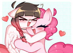 Size: 1960x1422 | Tagged: safe, artist:arwencuack, pinkie pie, oc, oc:arwencuack, earth pony, pegasus, pony, g4, ><, adorable face, best friends, cute, cute little fangs, duo, eyes closed, fangs, hug, love, open mouth, open smile, smiling