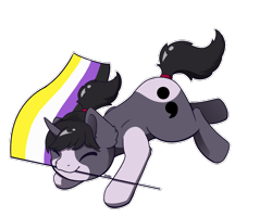 Size: 2763x2203 | Tagged: safe, artist:morrigun, oc, oc only, oc:eden, pony, unicorn, commission, cute, eyes closed, flag, high res, holding a flag, horn, jumping, mouth hold, nonbinary, nonbinary pride flag, pride, pride flag, signature, simple background, solo, transparent background, ych result