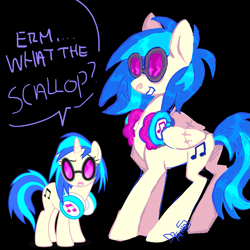 Size: 1111x1111 | Tagged: safe, artist:sillyfillies, dj pon-3, vinyl scratch, pegasus, pony, g4, black background, erm what the scallop, headphones, race swap, simple background, solo, speech bubble