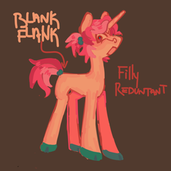 Size: 1280x1280 | Tagged: safe, artist:sillyfillies, oc, oc only, oc:filly reduntant, pony, unicorn, g4, adult blank flank, angry, blank flank, brown background, cloven hooves, colored hooves, horn, ponytail, simple background, solo, unicorn oc