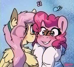 Size: 1100x1000 | Tagged: safe, artist:provolonepone, derpibooru exclusive, fluttershy, pinkie pie, butterfly, earth pony, pegasus, pony, g4, butterfly on nose, chest fluff, clothes, duo, ear fluff, eye clipping through hair, female, hairband, happy, hoodie, insect on nose, lesbian, ship:flutterpie, shipping, smiling