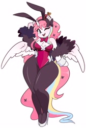 Size: 1917x2834 | Tagged: safe, artist:valcanicwitch, oc, oc only, oc:nekonin, alicorn, anthro, arm hooves, bow, bowtie, breast fluff, bunny ears, bunny suit, chest fluff, clothes, crown, cuffs (clothes), femboy, hair bow, high heels, jewelry, looking at you, male, one eye closed, pantyhose, regalia, shoes, simple background, solo, white background, wide hips, wink, winking at you