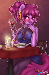 Size: 660x1020 | Tagged: safe, artist:inkkeystudios, berry punch, berryshine, earth pony, anthro, g4, alcohol, alternate hairstyle, berrybetes, blushing, breasts, candle, clothes, cute, dress, drunk, ear piercing, earring, food, herbivore, jewelry, looking at you, piercing, salad, stockings, stupid sexy berry punch, thigh highs, wine