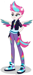 Size: 600x1364 | Tagged: safe, alternate version, artist:kylexisliner, zipp storm, human, equestria girls, g4, g5, clothes, converse, equestria girls-ified, eyeshadow, female, g5 to equestria girls, g5 to g4, generation leap, jacket, makeup, pants, ponied up, pony ears, shirt, shoes, simple background, sneakers, solo, tail, transparent background, wings