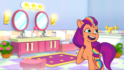 Size: 2160x1215 | Tagged: safe, screencap, sunny starscout, earth pony, pony, a home to share, g5, my little pony: tell your tale, spoiler:g5, spoiler:my little pony: tell your tale, bathroom, bathtub, crystal brighthouse, cute, female, indoors, mane stripe sunny, mare, mirror, open mouth, plant, rug, sink, smiling, solo, sunnybetes