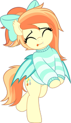 Size: 2881x5000 | Tagged: safe, artist:jhayarr23, oc, oc only, oc:sunshine drift, bat pony, pony, :p, bat wings, bipedal, bow, clothes, commission, ear fluff, eyes closed, fangs, female, hair bow, hoodie, long sleeves, mare, raised hoof, simple background, smiling, solo, striped sweater, sweater, tongue out, transparent background, wings, ych result