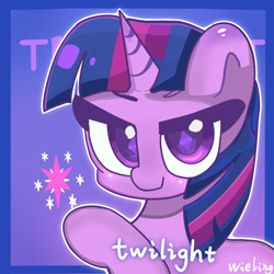 Size: 2048x2048 | Tagged: safe, artist:weiling, twilight sparkle, pony, unicorn, g4, blushing, bust, cute, eyebrows, female, high res, looking at you, mare, portrait, raised hoof, simple background, smiling, smiling at you, smirk, solo