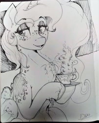 Size: 2828x3484 | Tagged: safe, artist:thelunarmoon, princess luna, alicorn, pony, g4, black and white, chest fluff, cup, eyeshadow, female, freckles, grayscale, high res, lidded eyes, makeup, mare, monochrome, open mouth, open smile, smiling, solo, teacup, traditional art
