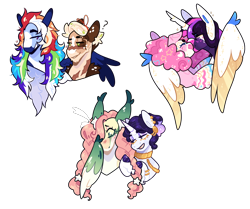 Size: 1792x1500 | Tagged: safe, artist:jaysey, applejack, fluttershy, pinkie pie, rainbow dash, rarity, twilight sparkle, alicorn, earth pony, pegasus, pony, unicorn, g4, alternate design, beanbrows, blaze (coat marking), blush lines, blushing, body markings, bracelet, braid, cheek fluff, chin fluff, choker, coat markings, colored ears, colored eartips, colored hooves, colored horn, colored wings, ear freckles, ear piercing, ear tufts, earring, eyebrows, eyes closed, eyeshadow, facial markings, female, freckles, grin, hiding behind wing, horn, hug, jewelry, kiss on the lips, kissing, leaves, leaves in hair, lesbian, lidded eyes, looking at each other, looking at someone, makeup, mane six, mare, multicolored wings, nose scar, open mouth, piercing, question mark, redesign, scar, scarred, ship:appledash, ship:flarity, ship:twinkie, shipping, shoulder fluff, shoulder freckles, shy, simple background, smiling, sparkly wings, transparent background, twilight sparkle (alicorn), unshorn fetlocks, winghug, wings