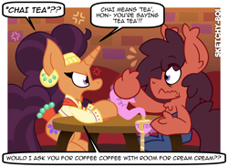 Size: 3000x2200 | Tagged: safe, artist:snakeythingy, saffron masala, oc, oc:sketchy dupe, g4, angry, chai tea, cup, food, herbivore, high res, india, indian, indian pony, looking at each other, looking at someone, male, marvel, movie reference, pavitr prabhakar, reference, saffron masala is not amused, spider-man, spider-man india, spider-man: across the spider-verse, tea, teacup, teapot, unamused