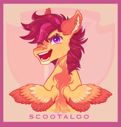 Size: 3380x3550 | Tagged: safe, artist:rubimlp6, scootaloo, pegasus, pony, g4, bandage, cutie mark background, ear piercing, earring, eyebrow slit, eyebrows, female, grin, high res, jewelry, looking at you, looking back, looking back at you, mare, older, one eye closed, piercing, smiling, solo