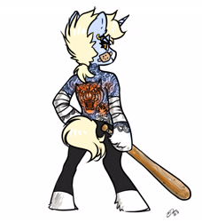 Size: 2459x2700 | Tagged: safe, artist:opalacorn, oc, oc only, oc:nootaz, unicorn, semi-anthro, arm wraps, bandaid, baseball bat, female, looking at you, looking back, looking back at you, mare, simple background, solo, tattoo, white background