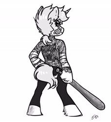Size: 2459x2700 | Tagged: safe, alternate version, artist:opalacorn, oc, oc only, oc:nootaz, unicorn, semi-anthro, arm hooves, arm wraps, bandaid, baseball bat, black and white, ear piercing, earring, female, grayscale, high res, jewelry, looking at you, looking back, looking back at you, mare, monochrome, piercing, simple background, solo, tattoo, white background