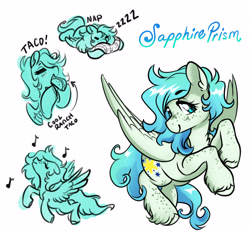 Size: 3911x3653 | Tagged: safe, artist:opalacorn, oc, oc only, oc:sapphire prism, pegasus, pony, body freckles, eating, eyes closed, female, food, freckles, high res, looking at you, mare, music notes, onomatopoeia, pillow, simple background, sleeping, smiling, smiling at you, solo, sound effects, taco, unshorn fetlocks, white background, zzz