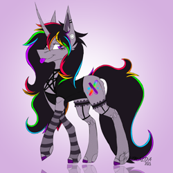 Size: 4320x4320 | Tagged: safe, artist:chazmazda, oc, oc only, oc:strobestress, pony, unicorn, clothes, ear fluff, ear piercing, earring, female, fishnet stockings, garter belt, garters, gauges, glowstick, gradient background, jewelry, long mane, mare, multicolored hair, pentagram, piercing, rainbow hair, rgb, slender, smiling, smirk, solo, stockings, thigh highs, thin, tongue out