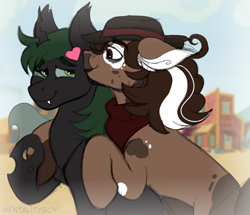 Size: 803x691 | Tagged: safe, artist:woofpoods, oc, oc:hushknack, oc:nightshadow, changeling, cow, cow pony, earth pony, pony, appleloosa, big lips, brown hair, brown mane, changeling king, changeling oc, cheek kiss, clothes, cowboy hat, curly hair, cute, gay, green changeling, green eyes, green hair, hat, heart, kissing, lovers, male, neck scarf, oc x oc, photo, red eyes, scarf, sharp teeth, shipping, splotches, stallion, teeth, udder, vitiligo, white hairs