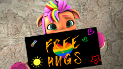 Size: 3840x2160 | Tagged: safe, artist:drixale, sunny starscout, earth pony, pony, g5, 3d, cute, daaaaaaaaaaaw, female, floppy ears, high res, hoof heart, hug request, mane stripe sunny, mare, sign, solo, source filmmaker, sunnybetes, underhoof