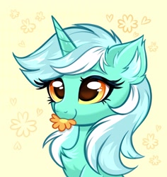Size: 2731x2896 | Tagged: safe, artist:confetticakez, lyra heartstrings, pony, unicorn, g4, bust, chest fluff, cute, daaaaaaaaaaaw, ear fluff, female, flower, high res, lyrabetes, mare, mouth hold, pumkinroll is trying to murder us, smiling, solo