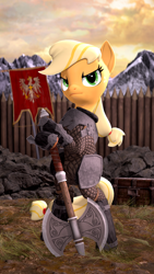 Size: 2160x3840 | Tagged: safe, artist:owlpirate, applejack, earth pony, pony, g4, 3d, armor, axe, banner, battle axe, bipedal, female, high res, mare, medieval, solo, source filmmaker, weapon