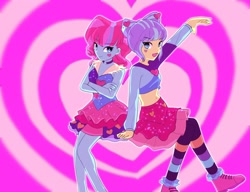 Size: 2048x1570 | Tagged: safe, artist:sugarcube269, kiwi lollipop, supernova zap, human, equestria girls, equestria girls specials, g4, my little pony equestria girls: better together, my little pony equestria girls: sunset's backstage pass, belly button, crossed arms, duo, duo female, female, heart, heart background, k-lo, open mouth, open smile, outline, postcrush, raised arm, smiling, su-z, white outline