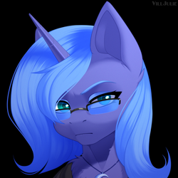 Size: 1024x1024 | Tagged: safe, artist:villjulie, princess luna, alicorn, pony, g4, black background, bust, clothes, eyebrows, female, jewelry, mare, mlp-rd, necklace, portrait, raised eyebrow, s1 luna, shirt, signature, simple background, solo, sunglasses